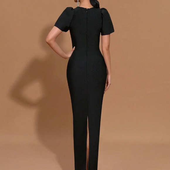 Black Sexy Women's Hollow-Out Bubble Sleeve Metallic Heart Bandage Long Dress - Picture 2 of 8